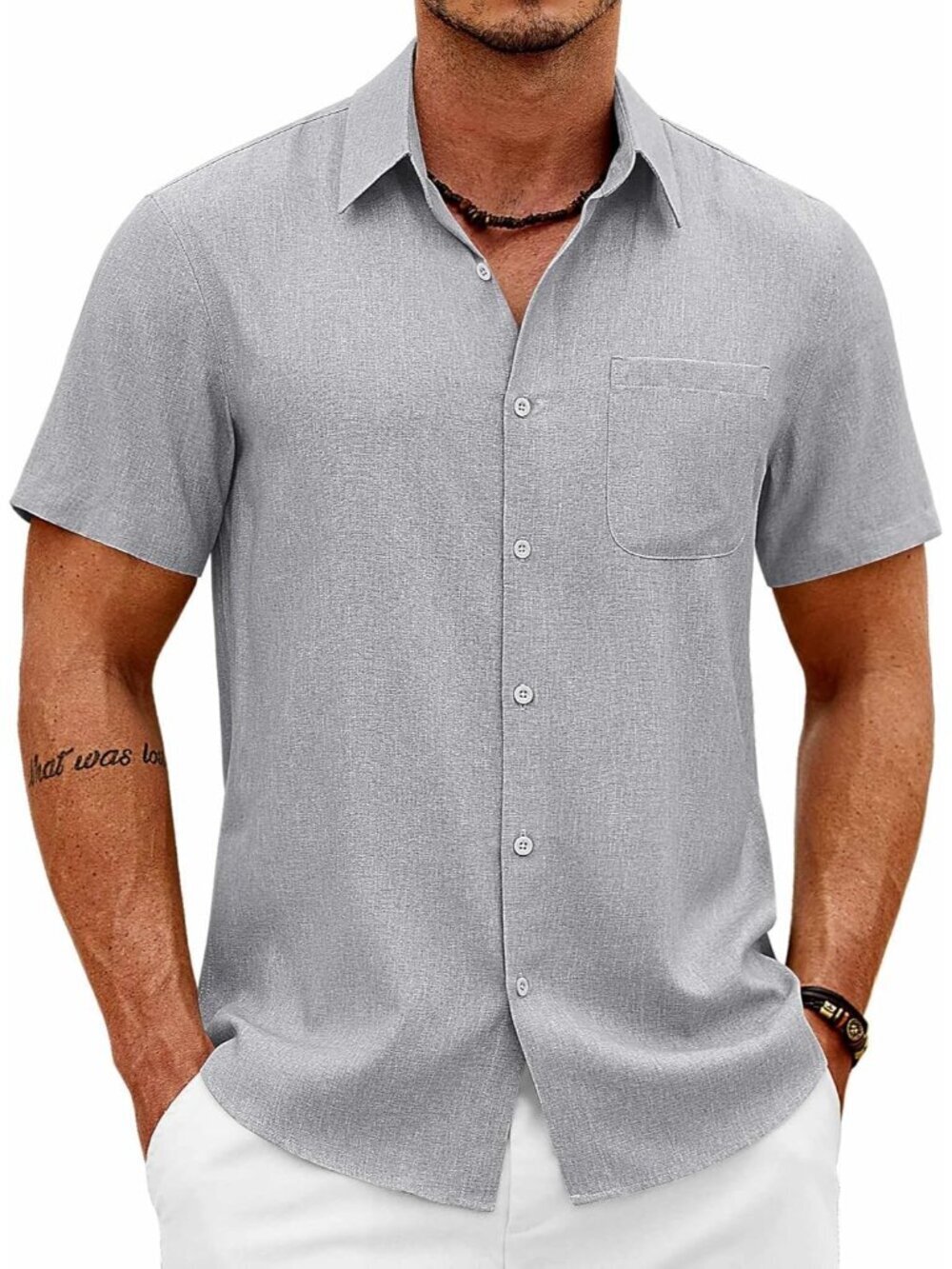 Men's Light Grey Short Sleeve Casual Summer Beach Linen Button Down Shirts